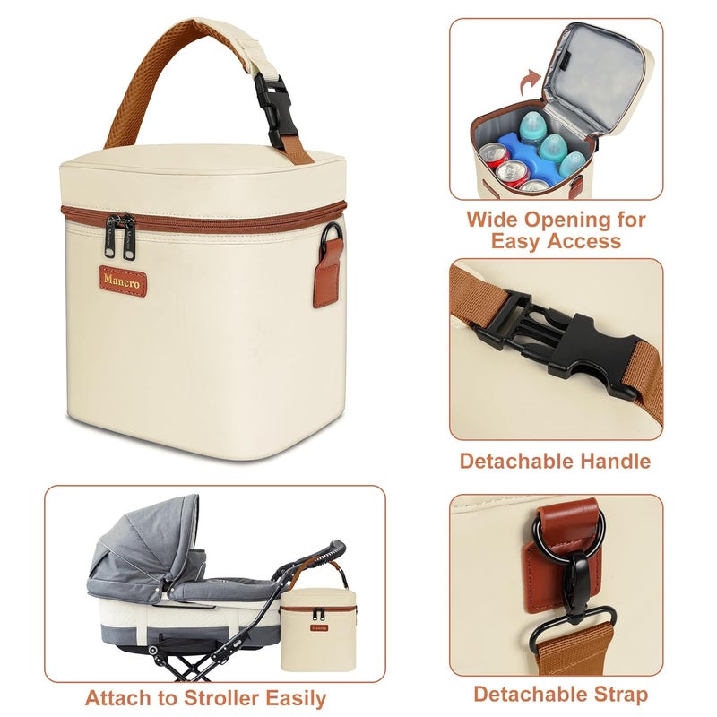 Mancro حقيبة تبريد حليب الثدي للسفر مع حزمة ثلج، حقيبة زجاجة رضيع معزولة تناسب 6 زجاجات رضيع حتى 9 أونصات مع حزام كتف قابل للفصل، مبرد حليب الثدي للأمهات العاملات أو دور الرعاية، بيج - Image 5